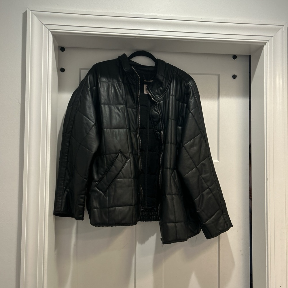 Black Puffy Free People Leather Jacket